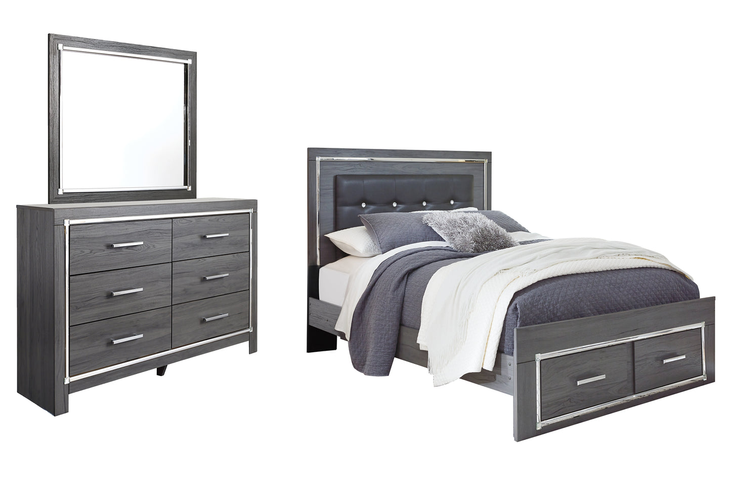 Lodanna Panel Bed With 2 Storage Drawers With Mirrored Dresser