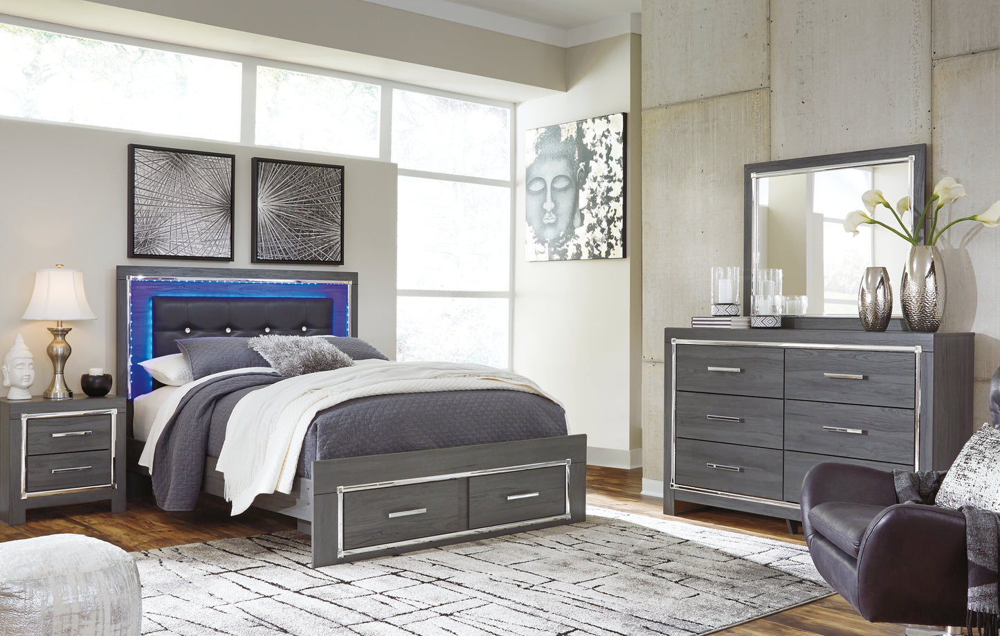 Lodanna Panel Bed With 2 Storage Drawers With Mirrored Dresser