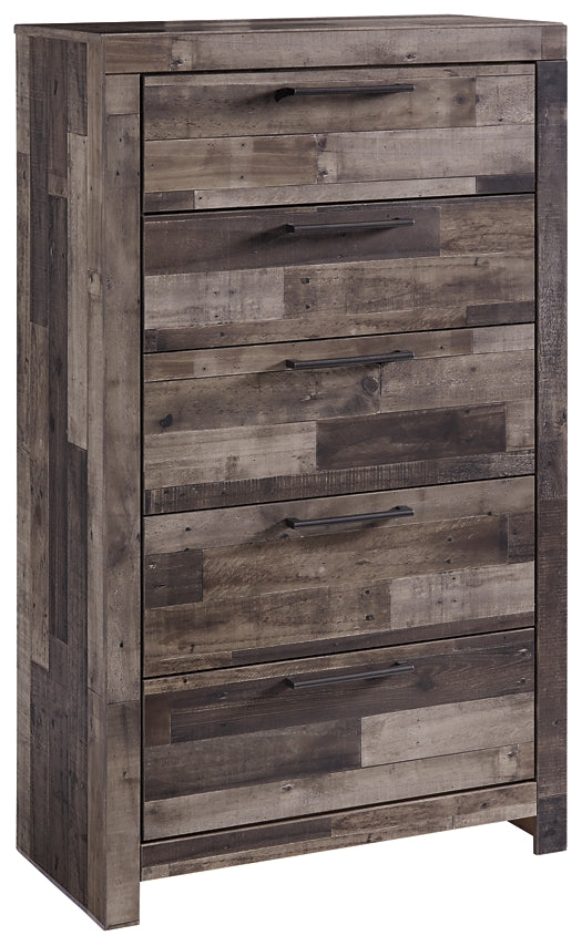 Derekson King Panel Bed with 2 Storage Drawers with Mirrored Dresser, Chest and Nightstand