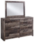 Derekson King Panel Bed with 4 Storage Drawers with Mirrored Dresser, Chest and Nightstand