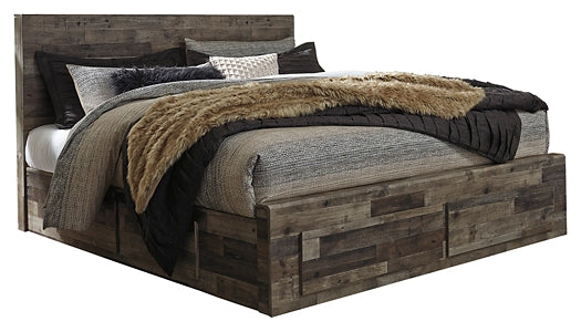 Derekson King Panel Bed with 4 Storage Drawers with Mirrored Dresser, Chest and Nightstand