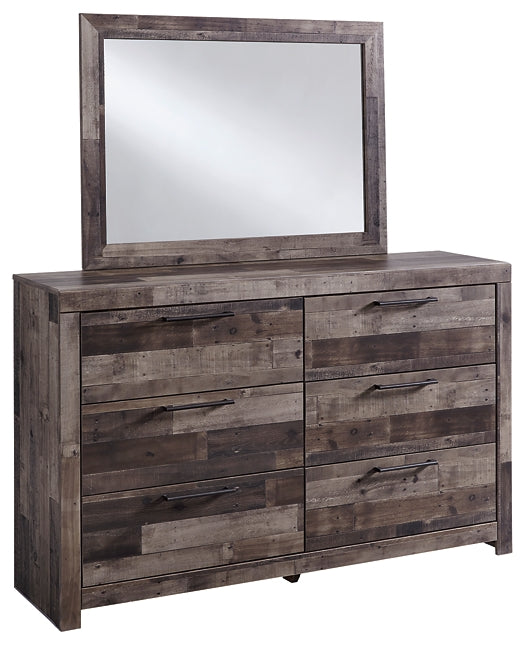Derekson Queen Panel Bed with 2 Storage Drawers with Mirrored Dresser, Chest and Nightstand